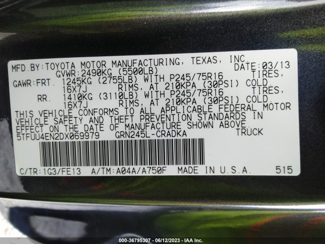 2013 TOYOTA TACOMA VIN: 5TFUU4EN2DX069979