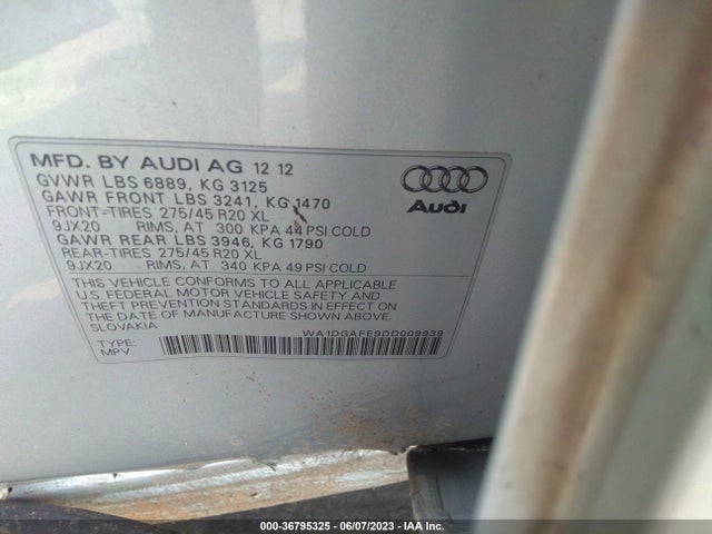 2013 AUDI Q7 3.0T S LINE PRESTIGE VIN: WA1DGAFE9DD009939