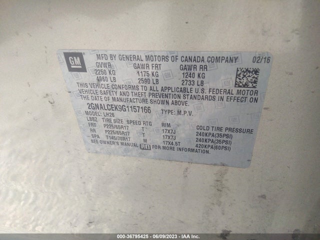 2016 CHEVROLET EQUINOX LT VIN: 2GNALCEK9G1157166