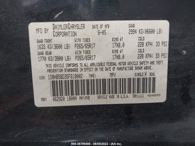 2005 DODGE DURANGO LIMITED VIN: 1D8HB58D35F618002