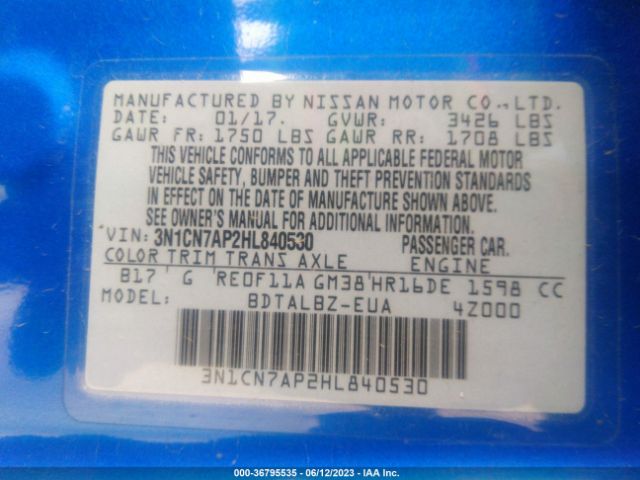3N1CN7AP2HL840530 Nissan Versa Sedan Sv