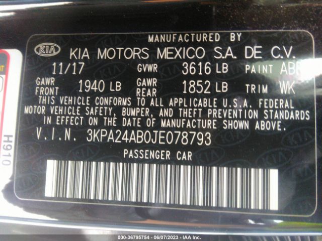 3KPA24AB0JE078793 KIA RIO LX