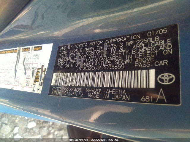 2005 TOYOTA PRIUS VIN: JTDKB20U353035655