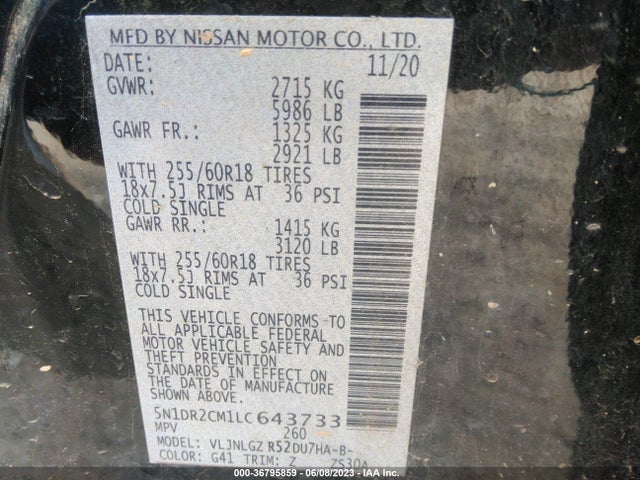 2020 NISSAN PATHFINDER SL VIN: 5N1DR2CM1LC643733