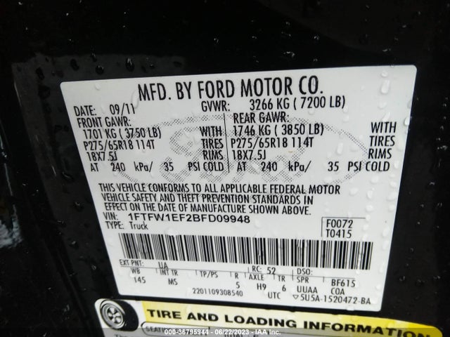 2011 FORD F-150 XL/XLT/FX4/LARIAT VIN: 1FTFW1EF2BFD09948