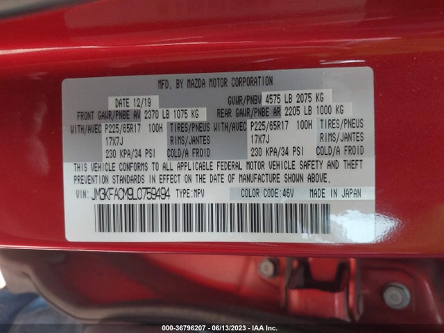 2020 MAZDA CX-5 TOURING VIN: JM3KFACM9L0759494