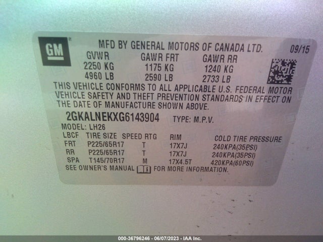 2016 GMC TERRAIN SLE VIN: 2GKALNEKXG6143904