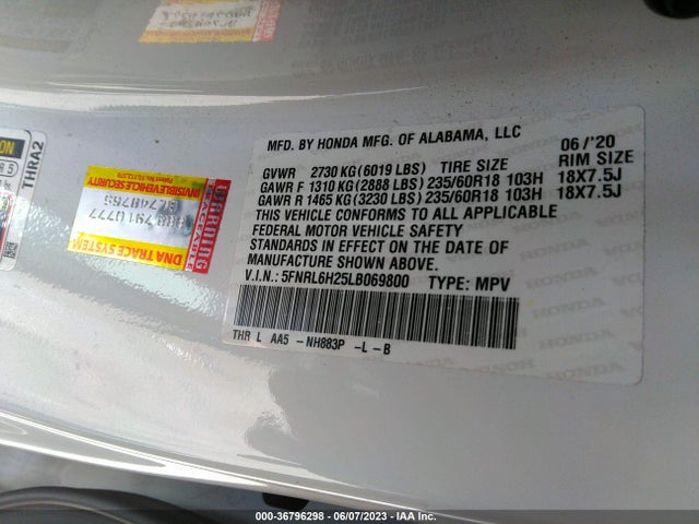 Honda ODYSSEY LX 2020 5FNRL6H25LB069800 Image 9