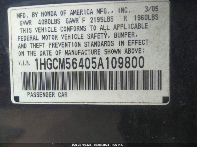 2005 HONDA ACCORD SDN LX VIN: 1HGCM56405A109800