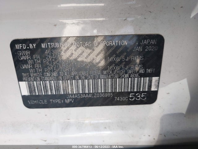 2020 MITSUBISHI ECLIPSE CROSS ES VIN: JA4AS3AA4LZ036985