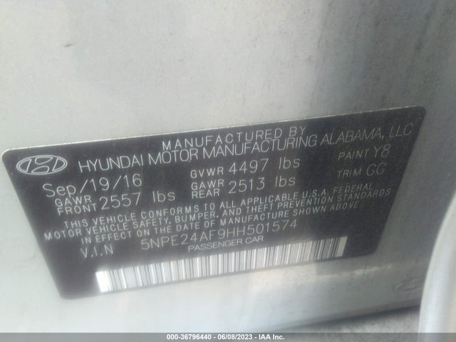 Hyundai Sonata 2.4l 2017 5NPE24AF9HH501574 Image 9