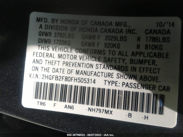 Honda Civic Sedan Ex 2015 2HGFB2F80FH505314 Image 9