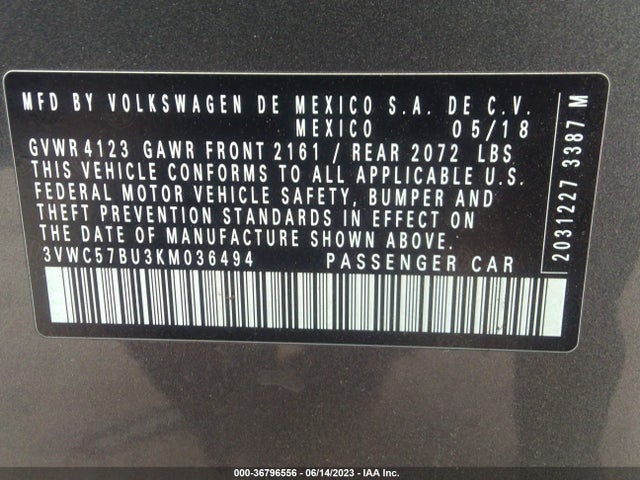 3VWC57BU3KM036494 Volkswagen Jetta S/se/r-line