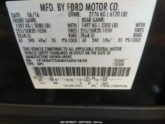2017 FORD EXPLORER XLT VIN: 1FM5K7D88HGA01839