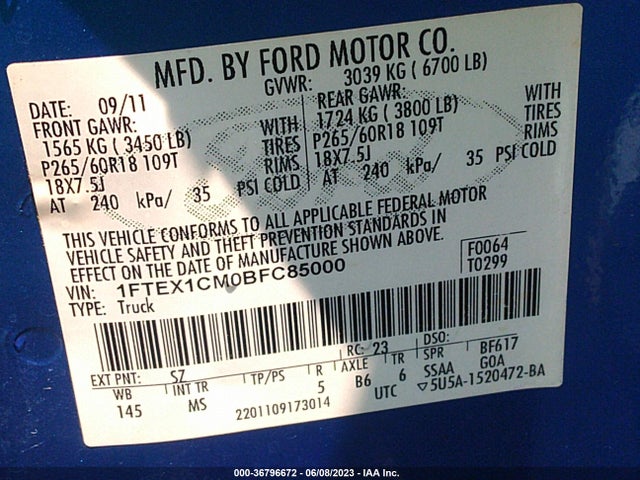 2011 FORD F-150 XL/STX/XLT VIN: 1FTEX1CM0BFC85000