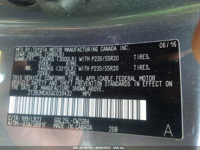 2016 Lexus RX, VIN: 2T2BZMCA5GC039432