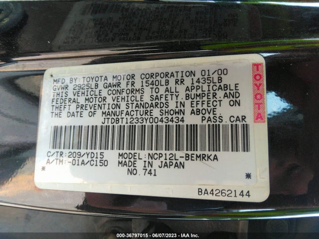 2000 TOYOTA ECHO VIN: JTDBT1233Y0043434