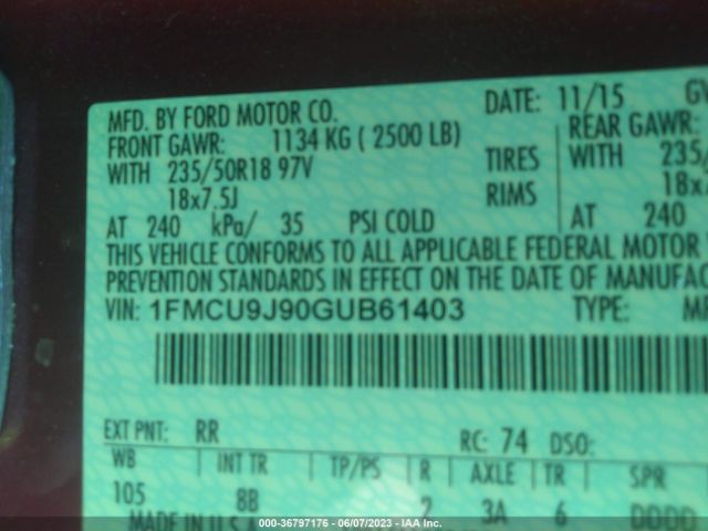 1FMCU9J90GUB61403 Ford Escape Titanium