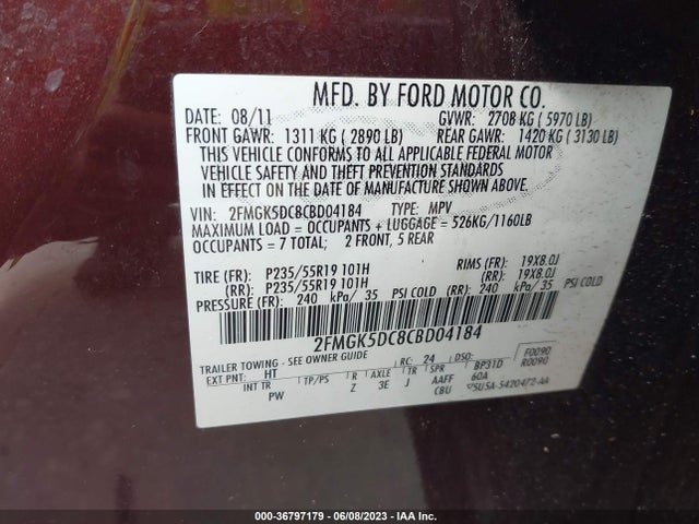 2012 FORD FLEX LIMITED/TITANIUM VIN: 2FMGK5DC8CBD04184