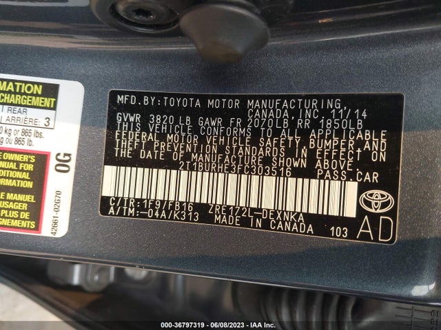 2015 TOYOTA COROLLA L/LE/S/S PLUS/LE PLUS VIN: 2T1BURHE3FC303516