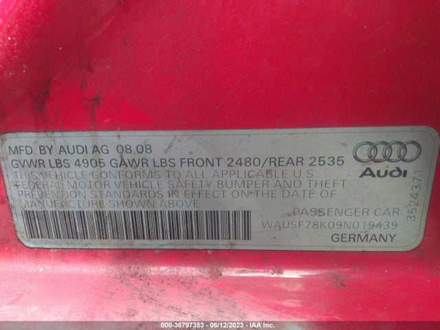 2009 AUDI A4 2.0T PREM PLUS VIN: WAUSF78K09N019439