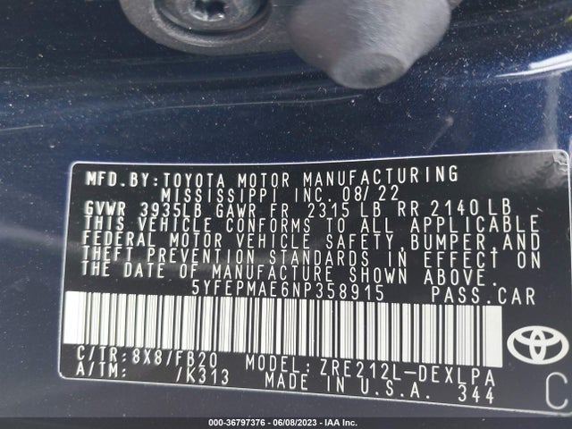 2022 TOYOTA COROLLA LE VIN: 5YFEPMAE6NP358915