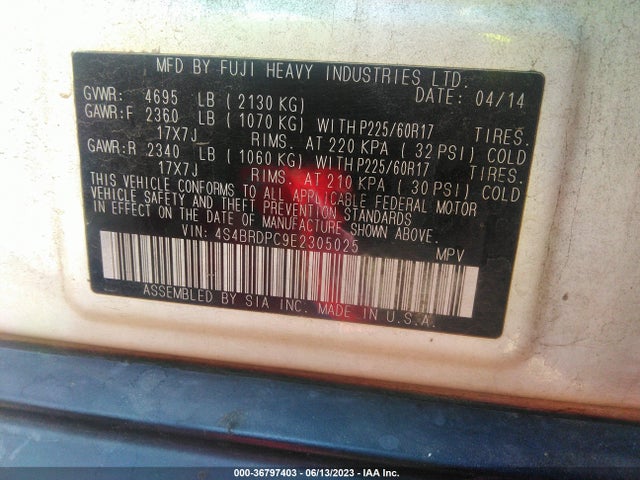 4S4BRDPC9E2305025 Subaru Outback 3.6r Limited