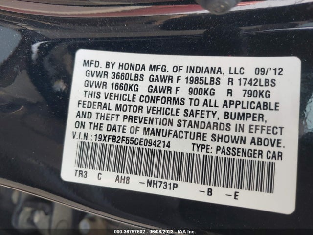 2012 HONDA CIVIC SDN LX VIN: 19XFB2F55CE094214