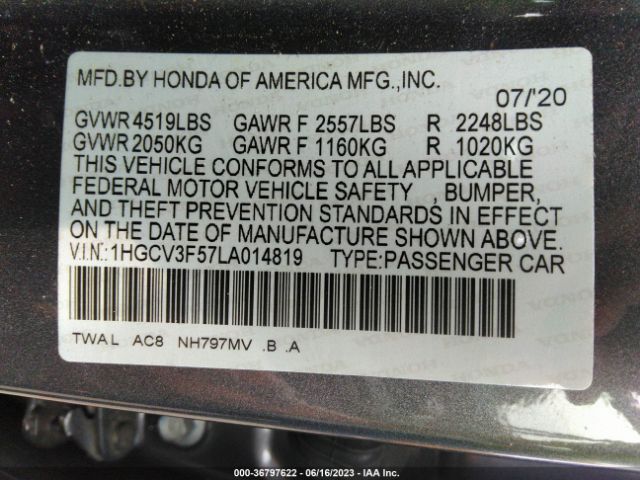 1HGCV3F57LA014819 Honda Accord Hybrid Ex-l