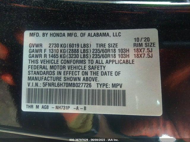 2021 HONDA ODYSSEY EX-L VIN: 5FNRL6H70MB027726