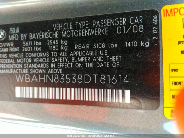 2008 BMW 750LI VIN: WBAHN83538DT81614