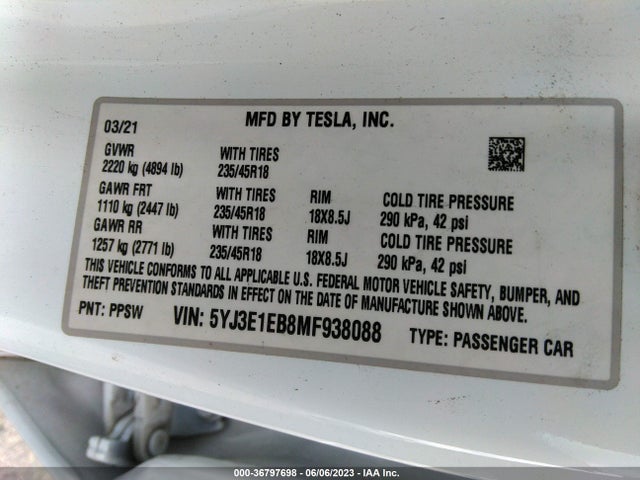 Tesla Model 3 Long Range 2021 5YJ3E1EB8MF938088 Image 9