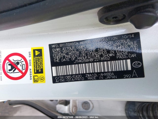 2015 LEXUS CT 200H HYBRID VIN: JTHKD5BH8F2218552