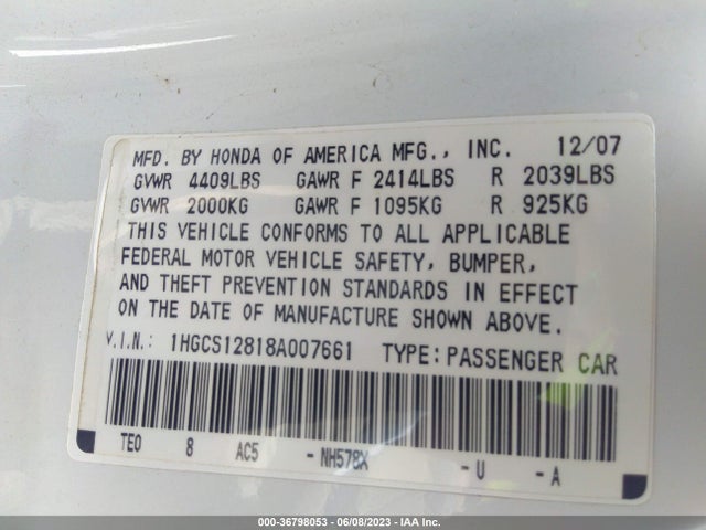 2008 HONDA ACCORD CPE EX-L VIN: 1HGCS12818A007661