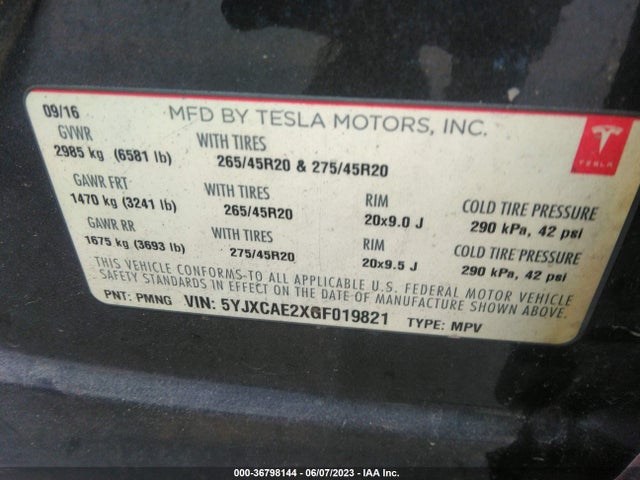 5YJXCAE2XGF019821 Tesla Model X 70d/90d/75d/60d