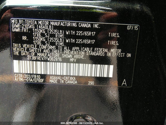 2015 TOYOTA RAV4 LE VIN: 2T3BFREV7FW362816