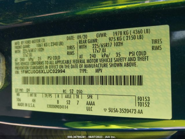 1FMCU0G6XLUC02994 Ford ESCAPE SE