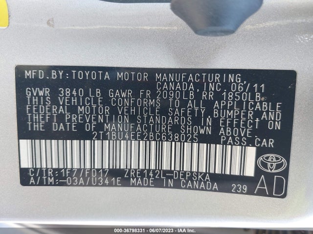 2011 TOYOTA COROLLA L/LE/S VIN: 2T1BU4EE2BC638025