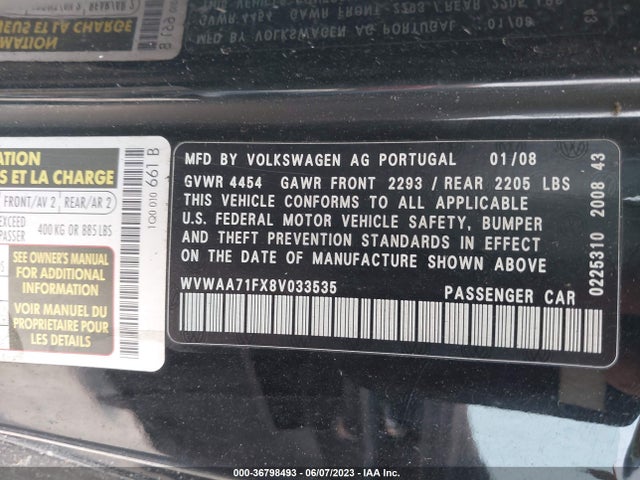 2008 VOLKSWAGEN EOS KOMFORT VIN: WVWAA71FX8V033535