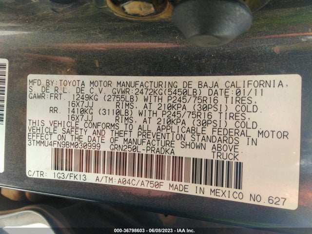 2011 TOYOTA TACOMA VIN: 3TMMU4FN9BM030999