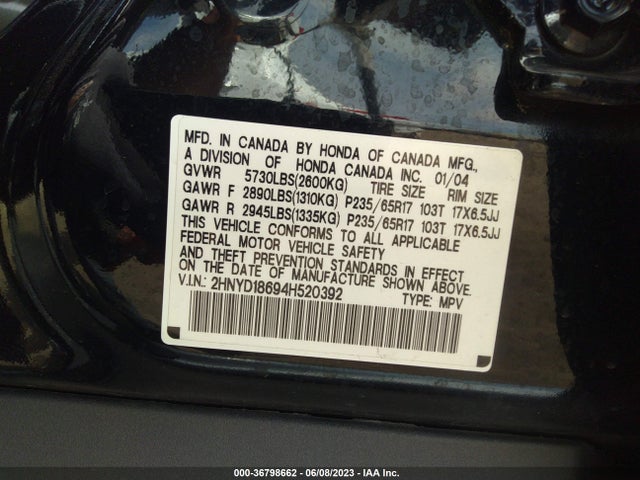 Aukcja sprzedaży 2004 Acura Mdx Touring Pkg, vin: 2HNYD18694H520392, numer aukcji: 36798662
