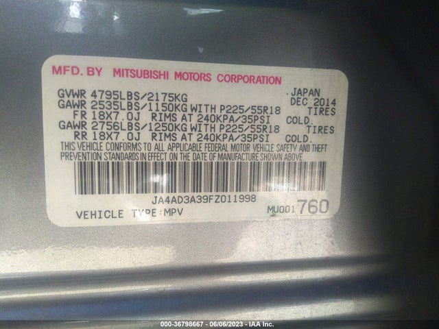 JA4AD3A39FZ011998 Mitsubishi Outlander Se