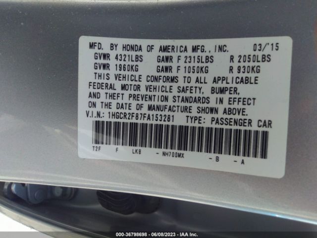 Honda Accord Sedan Ex-l 2015 1HGCR2F87FA153281 Image 9
