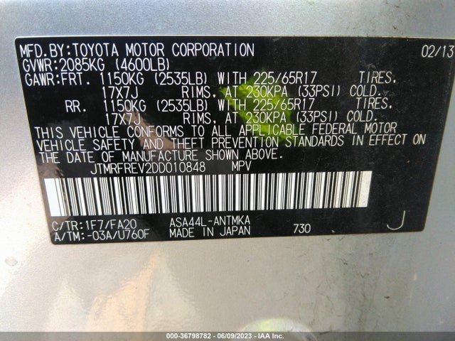 2013 TOYOTA RAV4 XLE VIN: JTMRFREV2DD010848