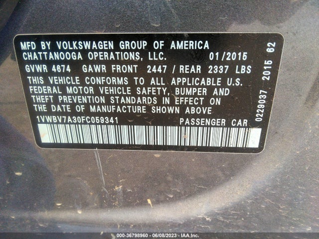 1VWBV7A30FC059341 Volkswagen Passat 2.0l Tdi Se W/sunroof
