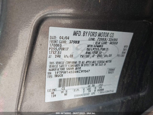 2004 FORD F-150 XLT/FX4/LARIAT VIN: 1FTPW14524KC97047