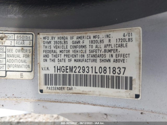 2001 HONDA CIVIC EX VIN: 1HGEM22931L081837