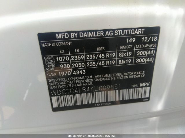 WDCTG4EB4KU009851 Mercedes-Benz Gla Gla 250