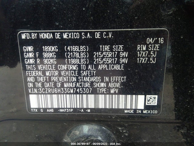 Honda HR-V LX 2016 3CZRU6H33GM745307 Image 9