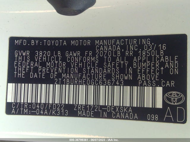 Toyota Corolla L/le/s/s Plus/le Plus 2016 2T1BURHE0GC636743 Image 9